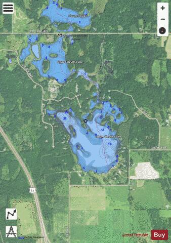 Lower Devils Lake depth contour Map - i-Boating App - Satellite