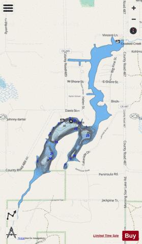 Crooked Lake ,Montmorency depth contour Map - i-Boating App - Streets