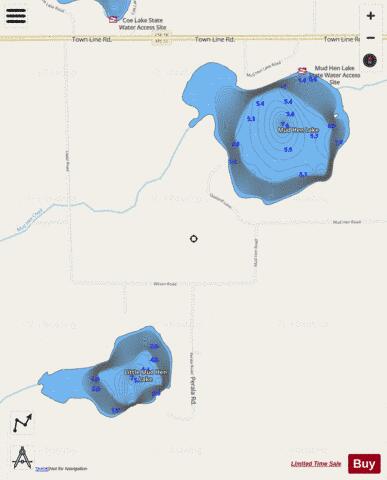 Little Mud Hen Lake + Mud Hen Lake depth contour Map - i-Boating App - Streets