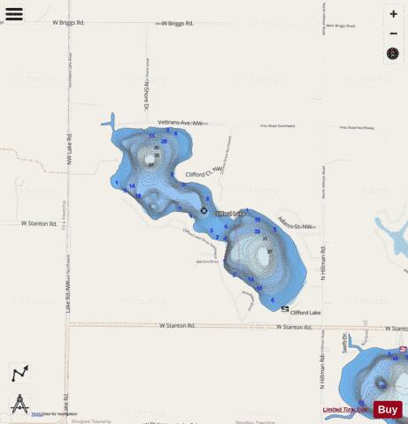 Clifford Lake depth contour Map - i-Boating App - Streets